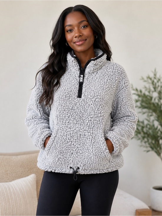 Victoria's Secret Sweaters - Victoria's Secret PINK Sherpa Pullover in Light Gray and Black Trim